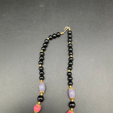 Vintage Butterfly Statement Pendant Necklace Beaded Black Red Purple 22"