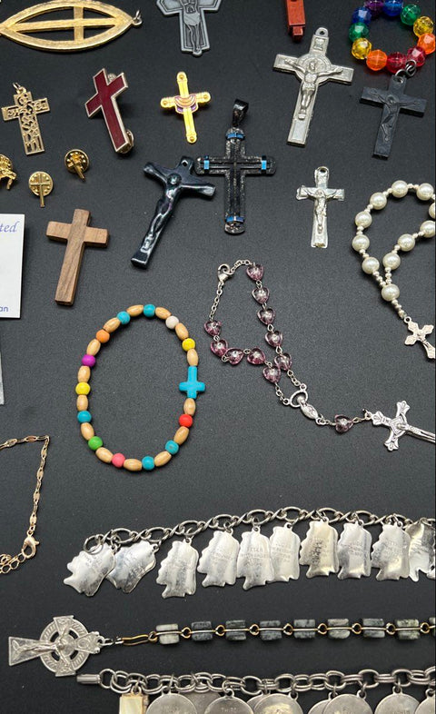Religious Jewelry Lot Catholic Christian Crosses Rosaries Charm Bracelets Pins