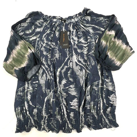 Yest Indigo Abstract Print Smocked Hem Blouson Top Women's 16 NWT