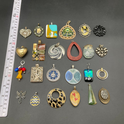 Vintage & Modern Costume Jewelry Pendant Lot of 24 Hearts Cross USN Military