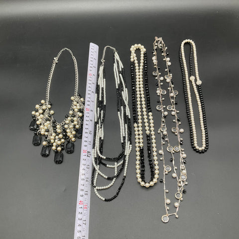 Black White Faux Pearl Jewelry Lot of 5 Multi-Strand & Statement Necklaces