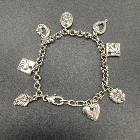 Brighton Silver Tone 8-Charm Link Bracelet Heart Flower Nature 7"