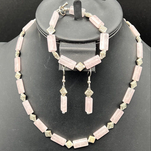 Rose Quartz Beaded Jewelry Set Necklace Bracelet & Earrings Silver-Tone Accents