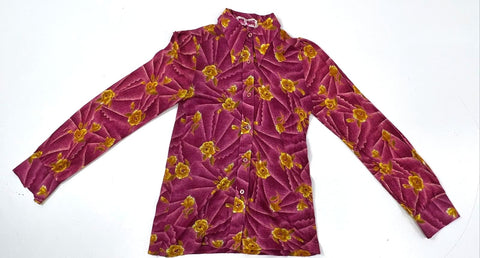 Vintage 70s Lady Ronnie Women's Pink Floral Dagger Collar Button Up Blouse Sz 36