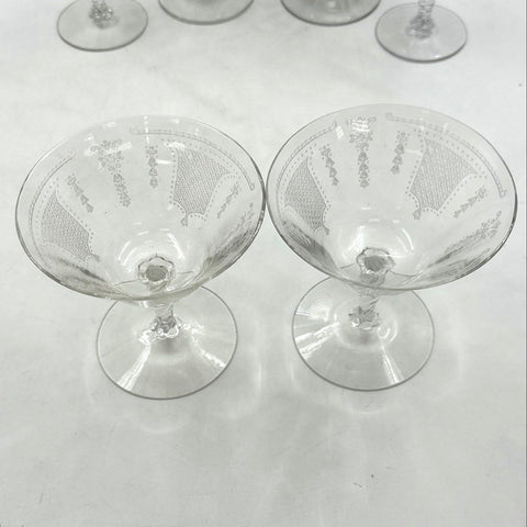 Fostoria Etched Glass 9 Piece Set Crystal Tapered Goblets Champagne Wine Vintage