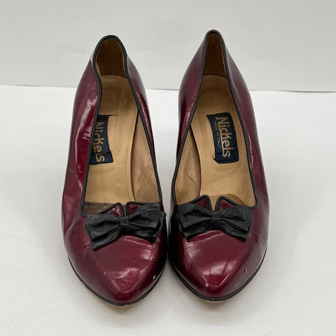 Vintage 80s Nickels Burgundy Patent Leather Bow Pumps Made In Italy Size 8.5 M