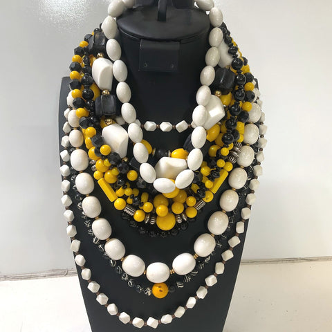 Lot of Black Yellow and White Plastic Beaded Necklaces Vintage 9 Pieces
