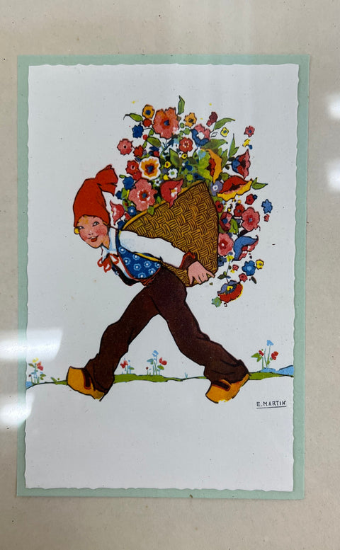 Vintage E. Martin Framed Print Lot 2 Mid-Century Folk Art Dutch Style Children