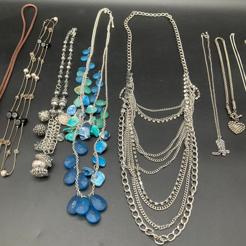 Fashion Costume Jewelry Lot of 9 Necklaces Pendants Silver Tone Rhinestone Bead