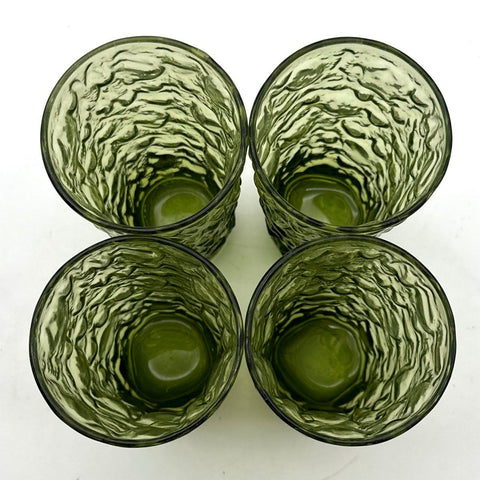 Vintage Pressed Glass Avocado Green Bark Textured Tumblers Set 4 Mid-Century