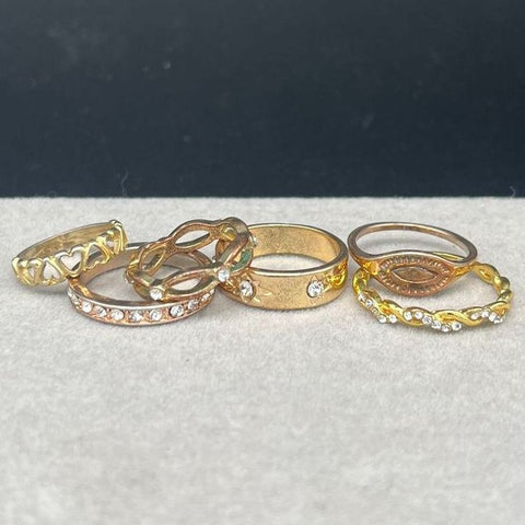 Gold Tone Fashion Ring Lot of 6 Heart Cutout Twisted Band Rhinestone Accents