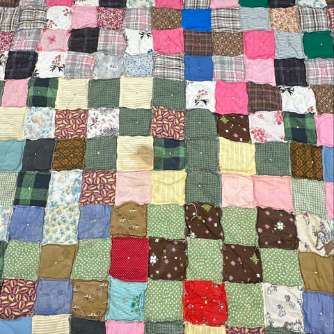 Vintage Scrappy Patchwork Puff Quilt Hand Tied Biscuit Blanket 50x58 Novelty