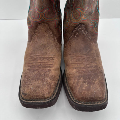 Justin Brown Leather Teal Stitching Square Toe Western Boots Size 8.5