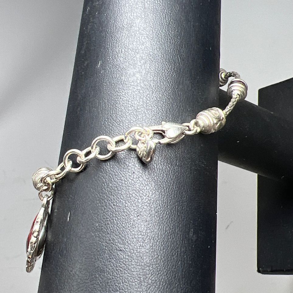Brighton Silver Plate Red Leather Heart Charm Bracelet