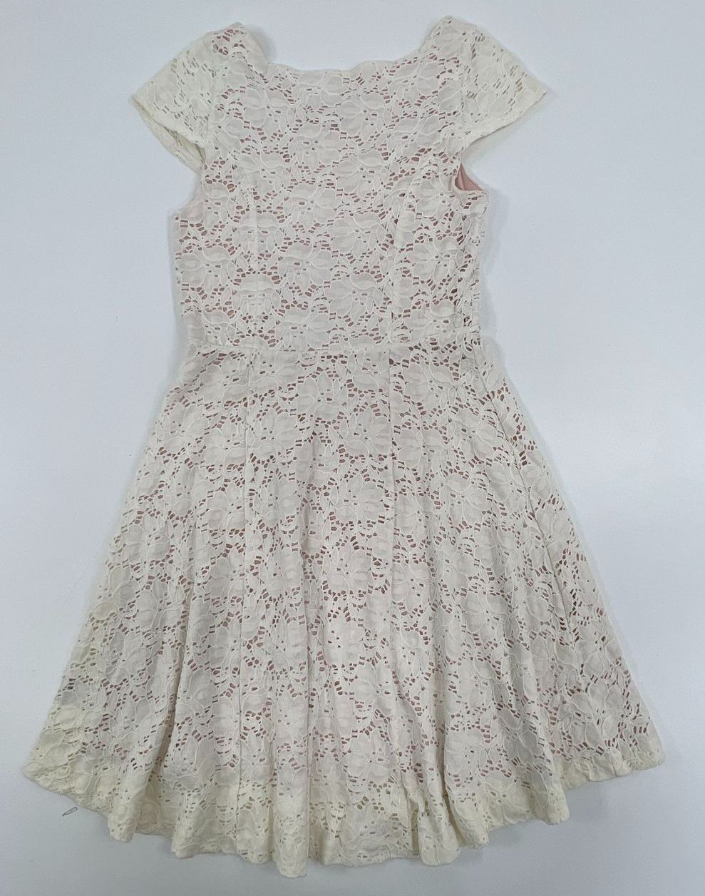Women's Maeve by Anthro Cream Lace Pink Lining Cap Sleeve Dress - Size Small