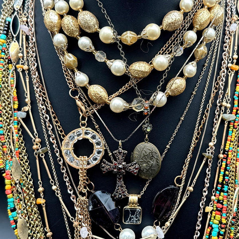 Vintage to Modern Gold Tone Costume Jewelry Lot Statement Necklaces Beaded Boho