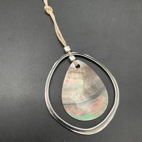 J. Jill Abalone Shell Teardrop Pendant Cord Necklace Silver Tone Boho NWT