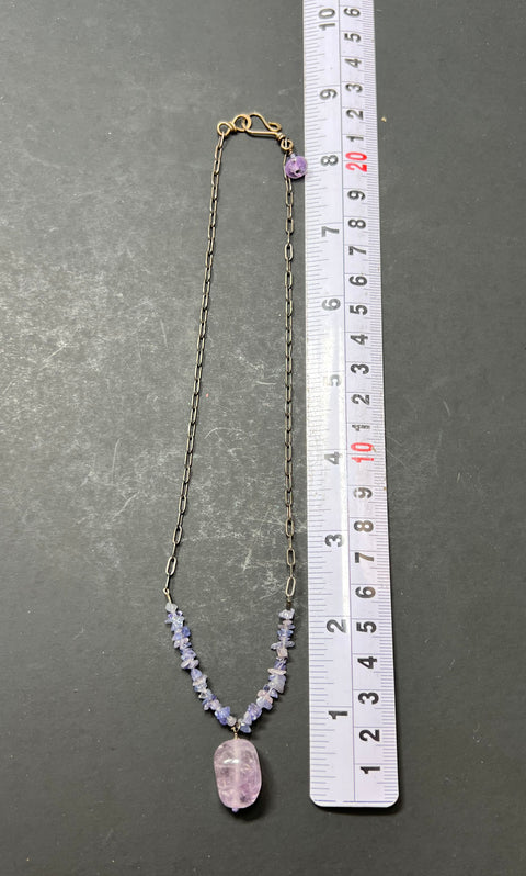 Artisan Sterling Silver Amethyst Chip & Pendant Necklace Dark Patina 20 Inch