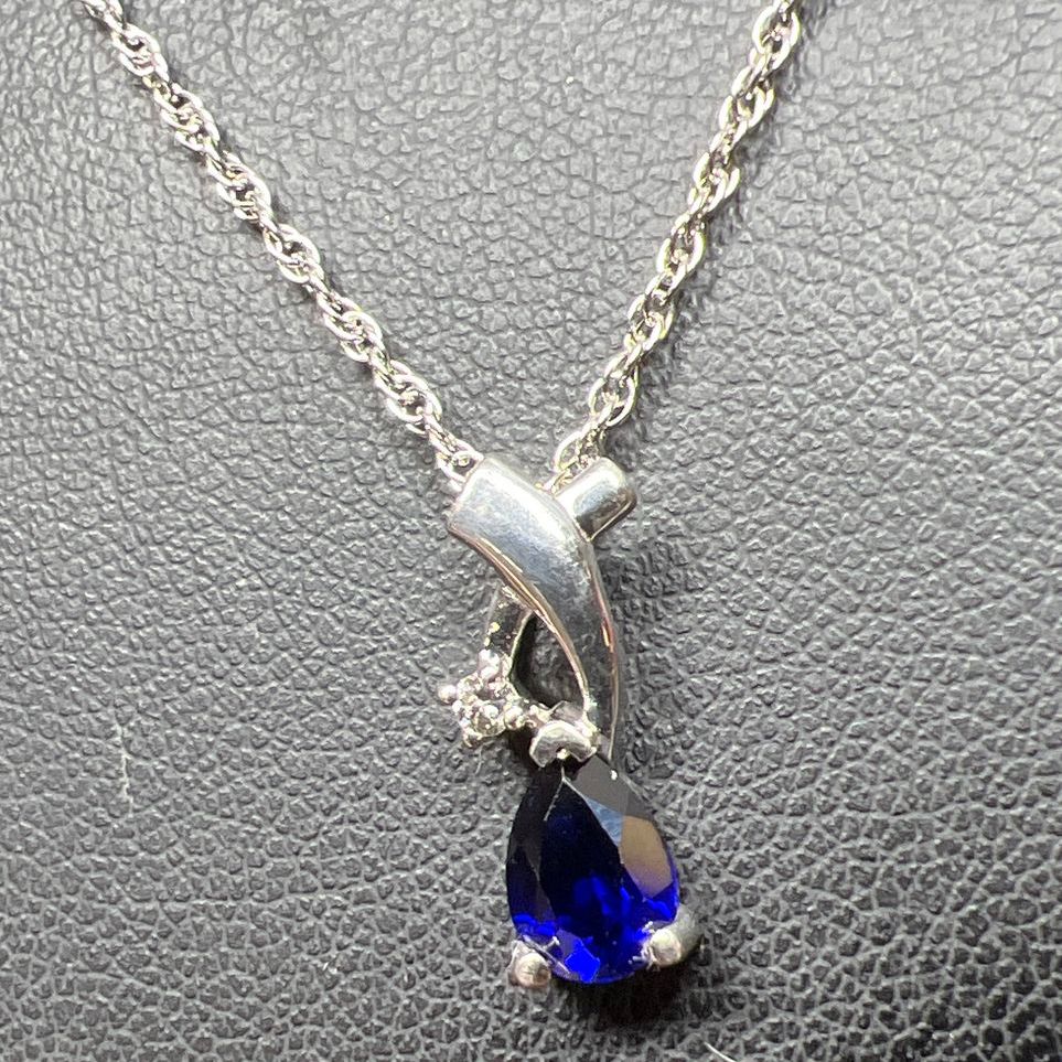 925 Sterling Silver Blue & Clear Gemstone Necklace 2.7g