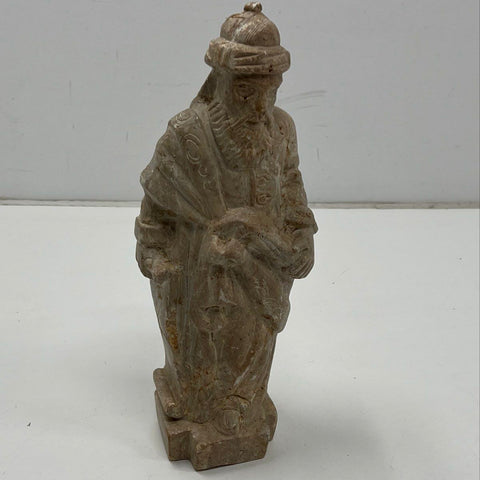 Vintage Hand Carved Stone Sculpture Bearded Figure 15" Signed Original Folk Art