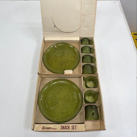 Anchor Hocking Soreno 15pc Snack Set Lot Avocado Green Glass Vintage