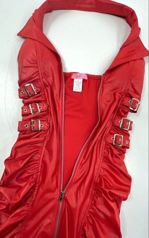 Lydia U.S.A. Women's Red Halter Full Zip Ruched Mini Dress Buckles Sz S