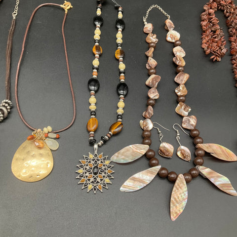 Boho Eclectic Statement Necklace Lot of 10 Shell Beaded Pendant Owl Southwestern