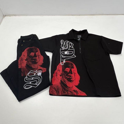 Skys Da Limit Men's Shirt Jeans Set Black Benjamin Franklin Graphic Sz S 32x30
