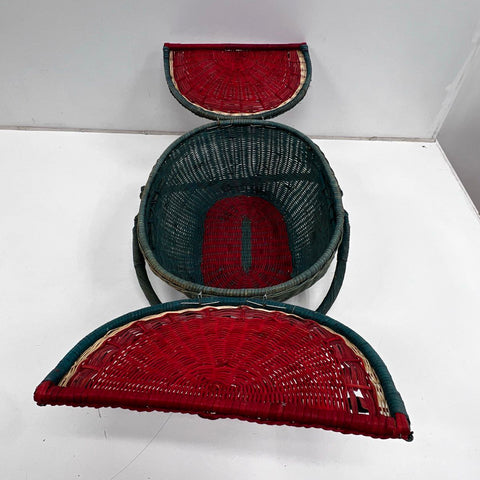 Vintage Watermelon Woven Wicker Picnic Basket Red Green Butterfly Lid Large
