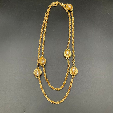 Cabi The Buzz Gold Tone Bee Scarab Convertible Chain Necklace Faux Pearl 46"