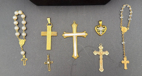 Religious Costume Jewelry Lot 15pc Gold Tone Crosses Mustard Seed Locket