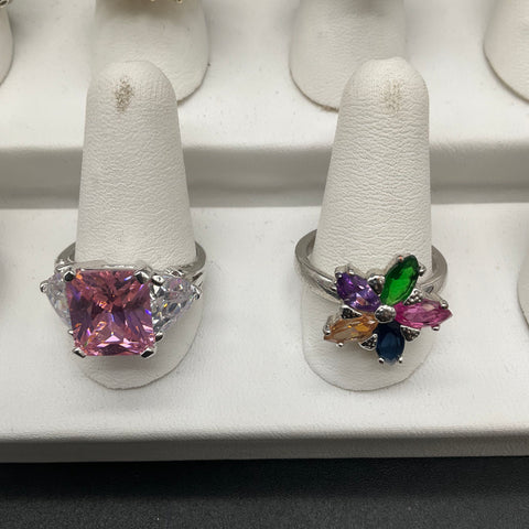 Fashion Jewelry Ring Lot of 6 Silver Tone CZ Rhinestone Statement Rings Size 5-9
