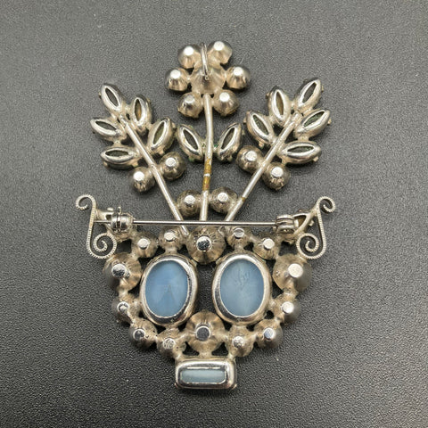 Vintage Silver Tone Blue Rhinestone Faux Moonstone Flower Basket Brooch Pendant