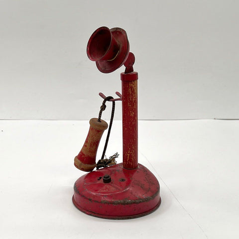 Vintage Red Toy Candlestick Phone Metal Wood Painted 8 Inch Collectible