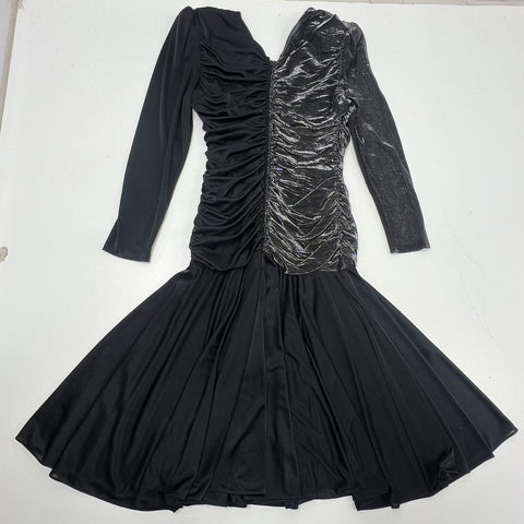Vintage Filigree Ltd 80s Dress Sz 8 Black Silver Asymmetrical Ruched Cocktail