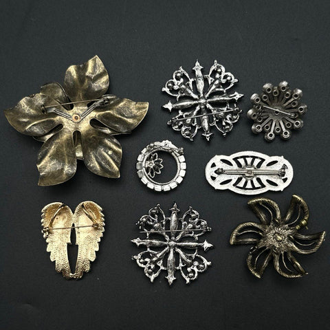 Vintage to Modern Costume Jewelry Lot 8 Rhinestone Brooches Gold Silver Tone