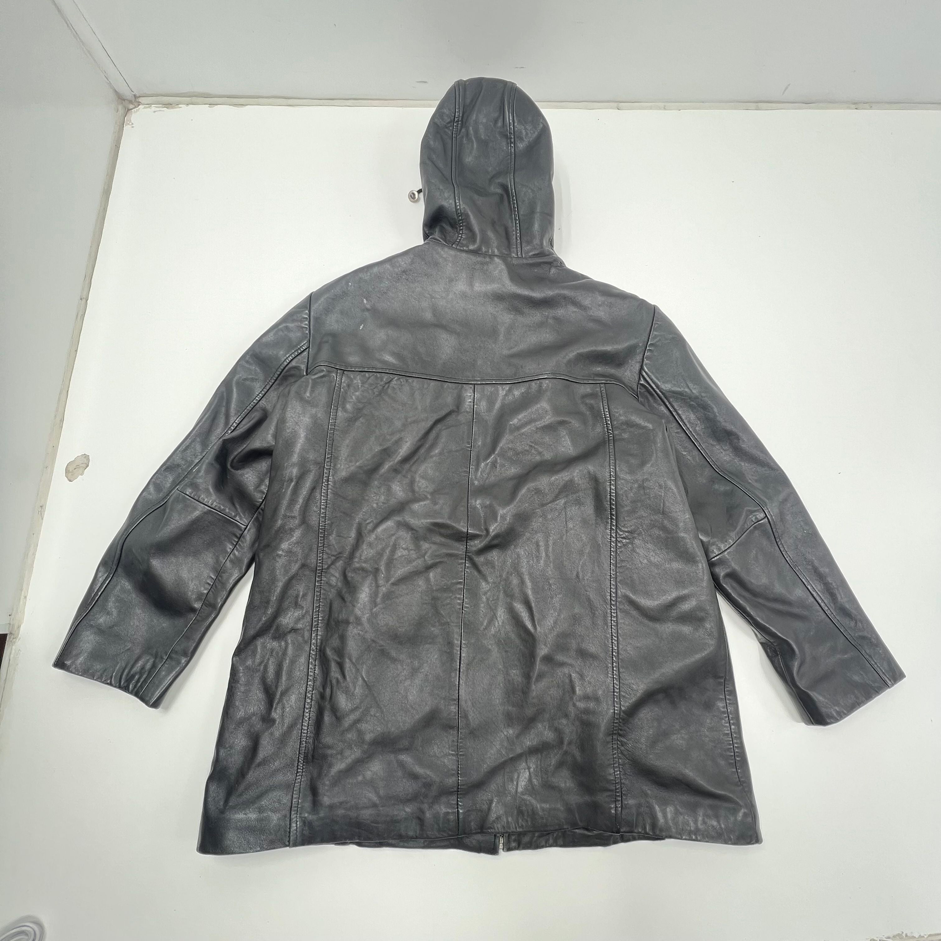 Vintage 90s Izzi Black Leather Fleece Lined Hooded Jacket Coat Men's L