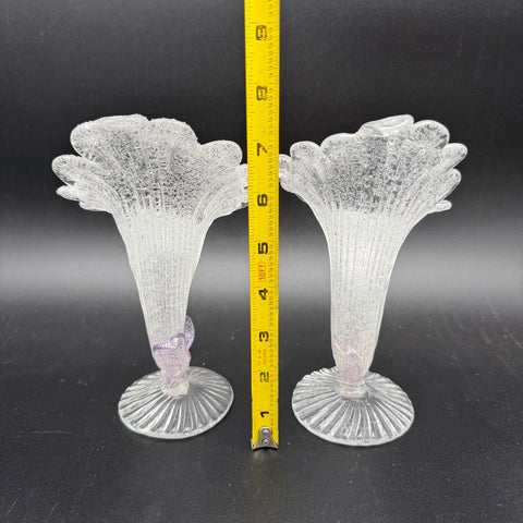 Antique Art Glass Vase Set of 2 Crackle Ice Texture Purple Leaf Accent C.1900
