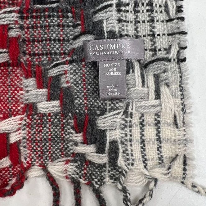 Charter Club 100% Cashmere Scarf Red Black Gray Plaid Woven Fringe Women's