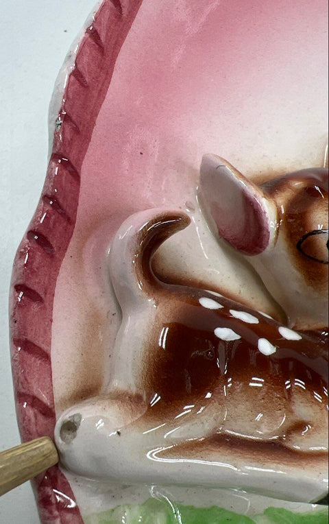 Vintage Ceramic Deer Fawn 3D Relief Wall Pocket Dish Hand-Painted Kitsch 5.5"