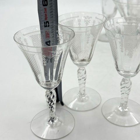 Fostoria Etched Glass 9 Piece Set Crystal Tapered Goblets Champagne Wine Vintage