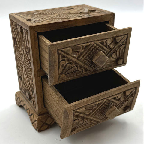 Vintage Hand Carved Wood Jewelry Trinket Box 2 Drawer Folk Art Ornate Chest