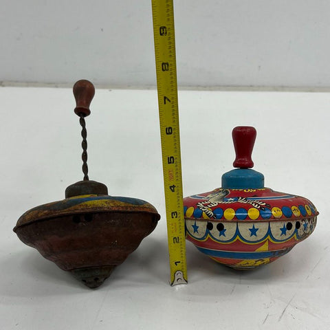 Vintage Toy Lot Fisher Price Music Box Teaching Clock & Tin Litho Spinning Tops