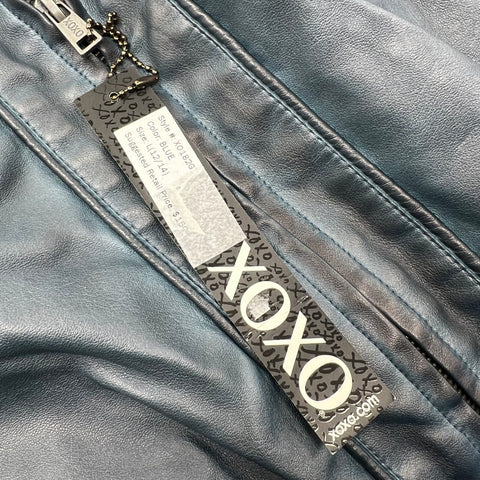 NWT XOXO Blue Gray Faux Leather Moto Cropped Bomber Jacket Juniors L