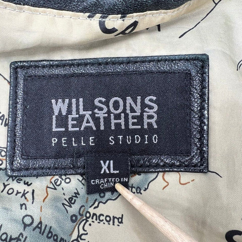 Vintage 90s Wilsons Leather Mens Bomber Jacket Black Map Lining Pelle Studio XL