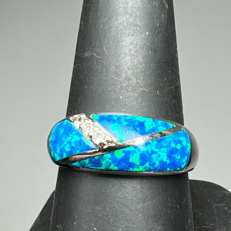 925 Sterling Silver Blue Opal Inlay Ring Size 9 4.72g