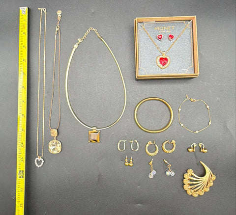 Vintage Monet Costume Jewelry Lot Gold Tone Necklaces Earrings Brooch 14 Pcs