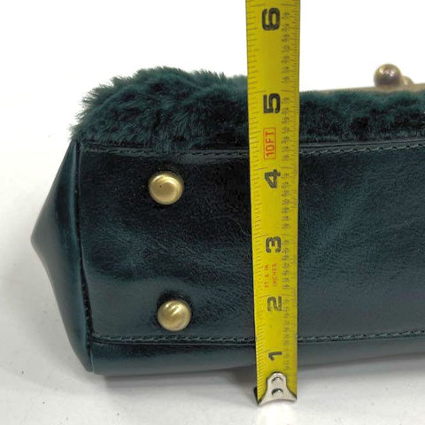 Patricia Nash Green Faux Fur Leather Frame Kiss Lock Clutch Bag Brass Hardware