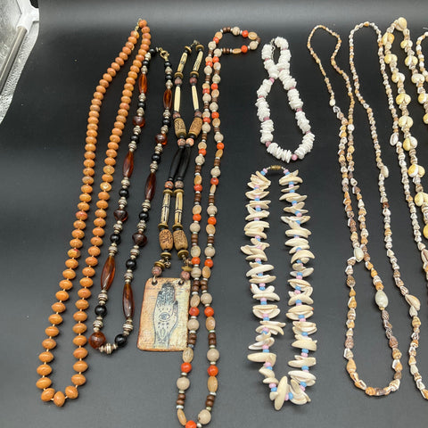 Vintage Boho Ethnic Shell Beaded Necklace Lot 12pc Cowrie Puka Hamsa Pendants