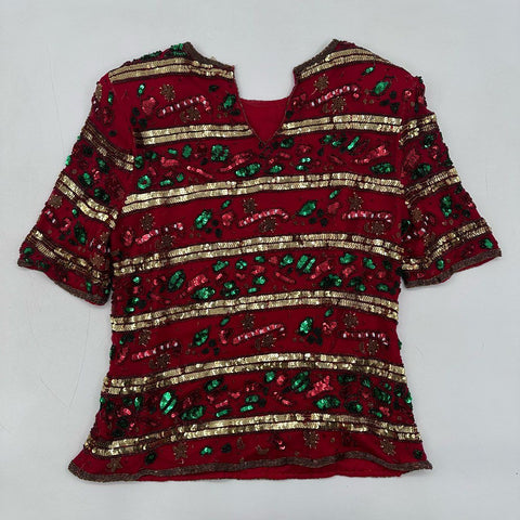 Vintage 90s Lawrence Kazar Beaded Silk Christmas Candy Cane Top Blouse Sz PS